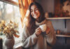 Keeping your home cosy in autumn and winter - happy woman drinking from mug in cosy autumn home