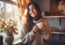 Keeping your home cosy in autumn and winter - happy woman drinking from mug in cosy autumn home
